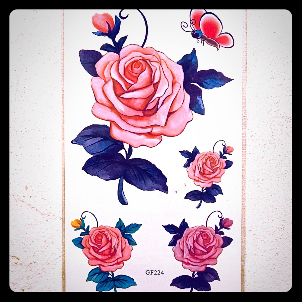 TEMPORARY PINK ROSES & BUTTERFLY TATTOOS 🦋